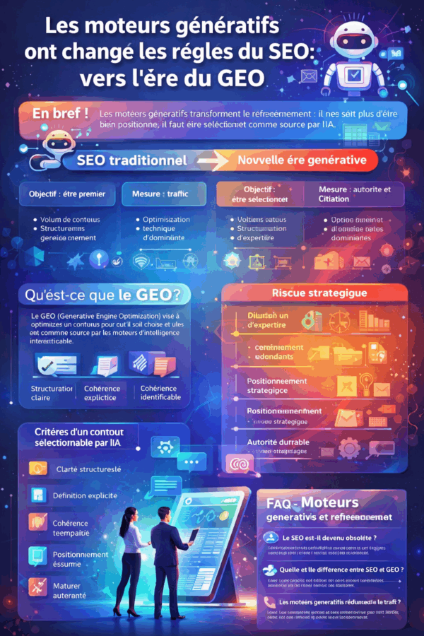 nfographie expliquant l’évolution du SEO vers le GEO (Generative Engine Optimization) : comparaison entre référencement traditionnel basé sur le classement et nouvelle logique des moteurs génératifs centrée sur la sélection, la crédibilité et la structuration de l’expertise.