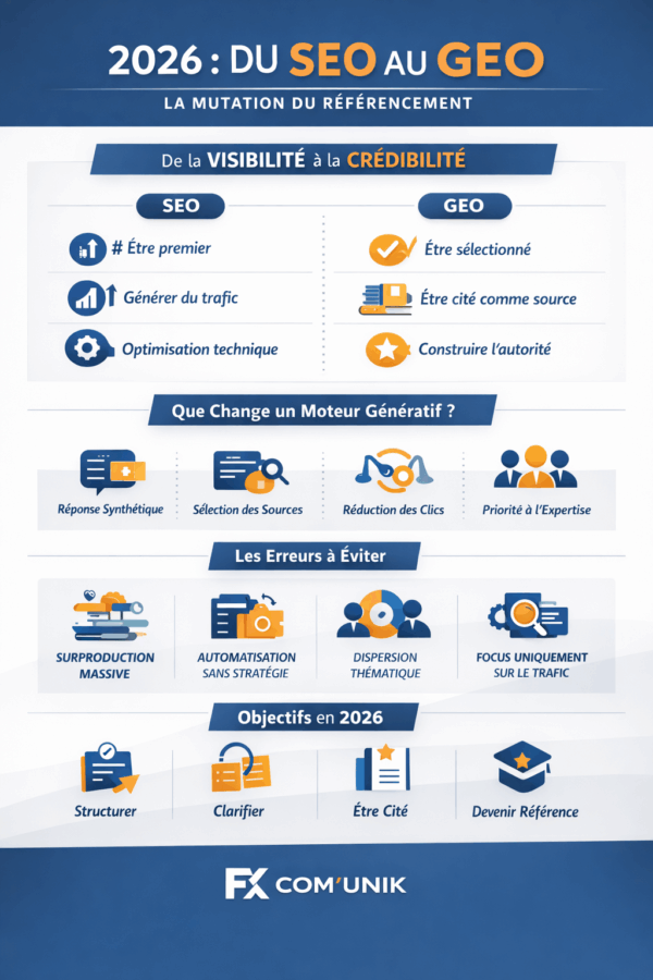 Infographie comparant le SEO traditionnel et le GEO (Generative Engine Optimization), illustrant le passage du classement sur les moteurs de recherche à la sélection comme source par les moteurs génératifs et l’intelligence artificielle.