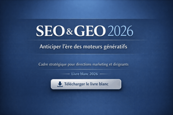 Le visuel promotionnel du livre blanc SEO & GEO 2026 de FX COM’UNIK, dédié aux directions marketing qui souhaitent anticiper les moteurs génératifs et structurer leur stratégie digitale.